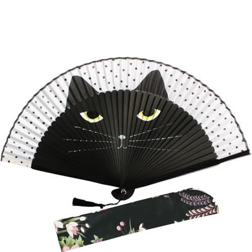 Folding Hand Fan for Women - Foldable Chinese Japanese Vintage Bamboo Silk Fan - with Tassel and Pouch, Perfect for Decoration, Dance, Wedding,Music Festival，Party,Gifting（Black Cat） - color: Black Cat