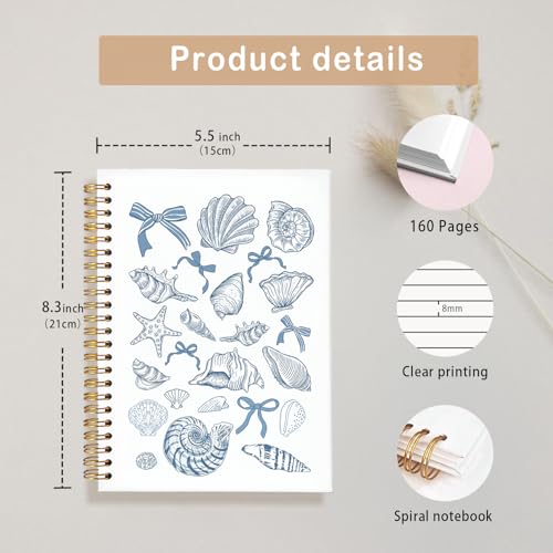 Blue Bow Beachy Spiral Notebook for Girls Women,Blue School Supplies - color: Coastal shell bows