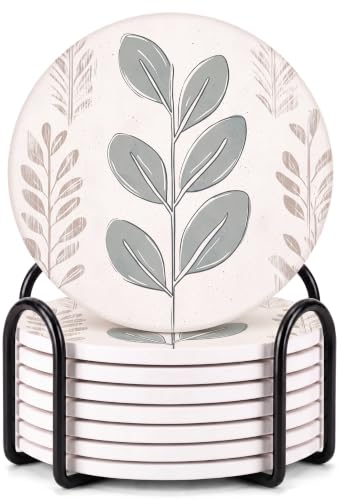 VEYRO Ceramic Coasters Set of 6 or 4 – Absorbent Stone Drink Coasters with Holder, Non-Slip Cork Backing, Modern Marble Look Coasters for Coffee Table, Desk & Home Decor (Leaves 2, Set of 8) - color: Leaves 2, size: Set of 8