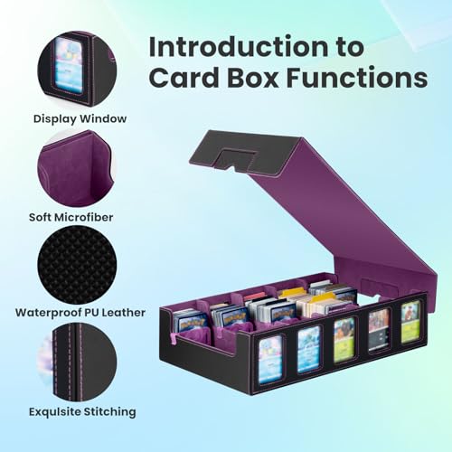 Trading Card Storage Box with Commander Display, 5-Row Deck Case with Removable Lid & Handle, 4000+ Card Organizer with 48 Colorful Dividers & 5 Stoppers for MTG, Black & Purple - color: Black & Purple, size: 4000+, with Handle