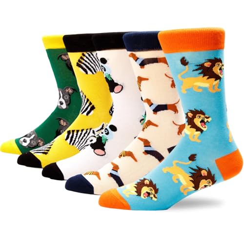 Colorful Funny Novelty Dress Socks for Men Women Teens Fathers Day Casual Fun Crazy Funky Graphic Crew Socks - color: 5 Pairs - Animals Style - Dachshund Pit Bull Dog Lion Panda Zebra Pattern Socks, size: 6-12