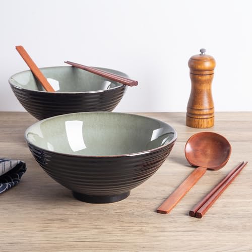 40oz Japanese Ceramic Ramen Bowl Set of 2 with Chopsticks and Spoons for Pho Udon Asian Soup Noodles (Grayish Green) - color: Grayish Green
