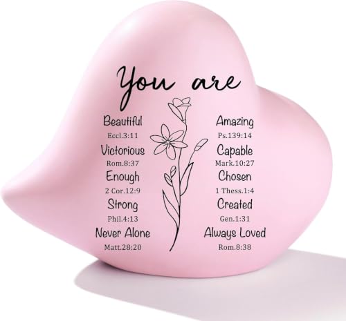 Pink Ceramic Heart Figurine, Christian Gift for Women, 4 Inch - style: Christian
