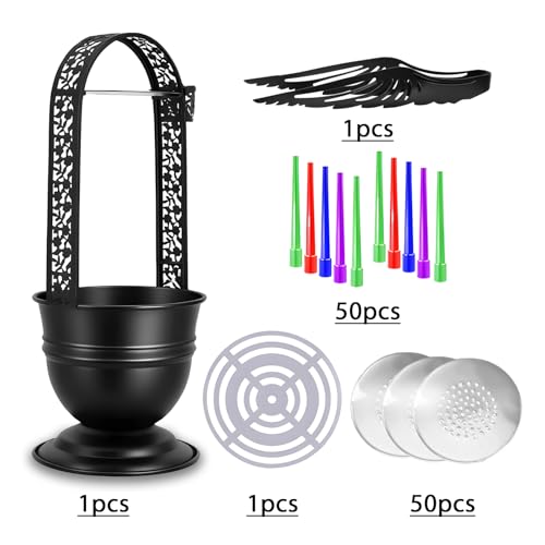 Portable Hookah Charcoal Basket with Coal Tongs,50 pre-Cut foil Sheets, 50 hygienic mouthpieces - Metal Storage Container & Holder for Shisha Accessories (Black Basket 13.7") - size: Black Basket 13.7"