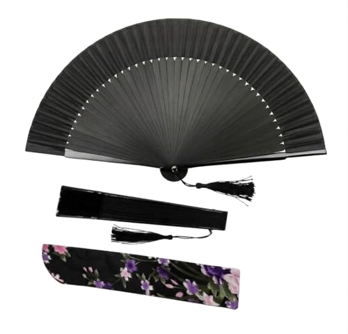 Japanese Vintage Bamboo Folding Handheld Fan for Women | Elegant Silk Hand Fan with Fabric Sleeve & Tassel | Portable Cooling Tool for Wedding, Church, Dance, Gift (Solid Black) - color: Solid Black