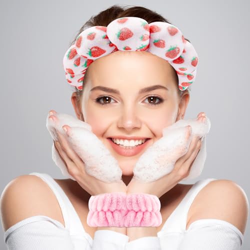 Zkptops Spa Headband for Washing Face Wristband Set Sponge Makeup Skincare Velvet Fabric Bubble Soft Get Ready Hairbands for Women Puffy Pink Headwear Non Slip Thick Thin Hair Accessory (Strawberries) - color: ZYC Strawberries