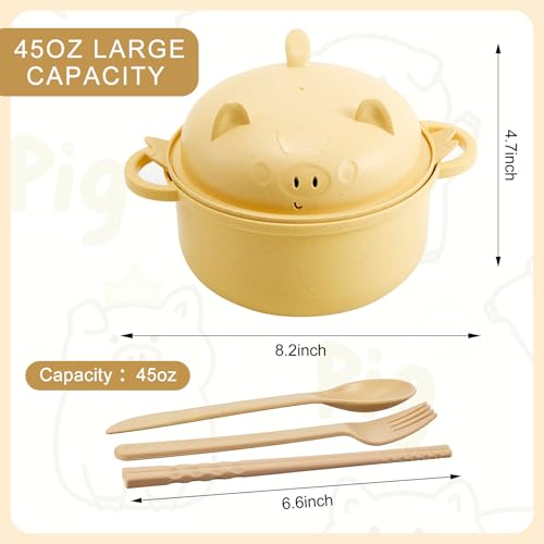 1 Set Large 45oz Cute Pig Ramen Bowl Set Microwavable Cooker, Yellow - color: Yellow