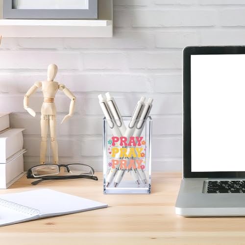 Pray on it Pray through it Acrylic Cosmetic Pencil Pen Holder Cup, Bible Verse Pen Holder Cup, Women Faith Gifts, Christian Gifts for Women Mom Daughter Sister Friend Colleague Boss Teacher - style: Pray on it