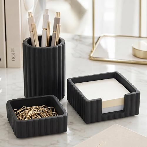 Modern Aesthetic Desk Accessories Set of 3 - Stylish Concrete Organizers - color: Black