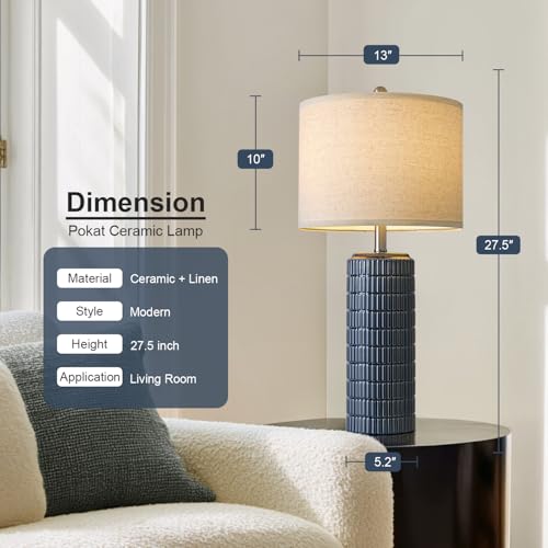 PoKat 27.5'' Tall Table Lamps for Living Room Set of 2, Ceramic Bedroom Lamps for Night Stands, Modern Bedside Lamps for Bedroom Living Room, Nightstand Lamps for Side End Table Hallway, Blue - color: Deep Blue