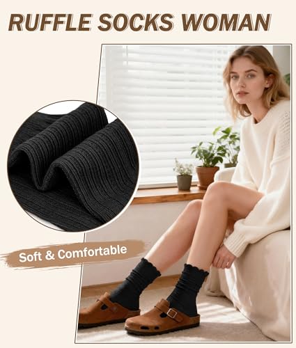 Justay 6 Pairs Ruffle Socks Women, Crew Cotton Frilly Boot Socks - color: Pure Black