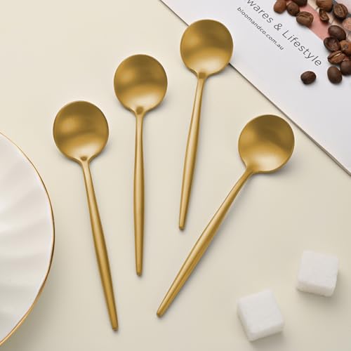 5.1 Inches Satin Gold Coffee&Tea Spoons,Small Demitasse Spoon,Mini Spoons For Stirring,Gold Teaspoons Set Of 4 SS18/10 Solid Round Spoon - color: Gold, size: 5.1 Inch
