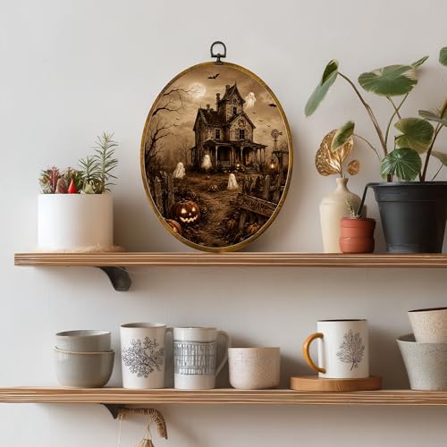 Haunted House Ghost Oval Wall Art, Framed Canvas Decor, 8.5x11.5 Inch - color: Spooky Haunted House Ghost