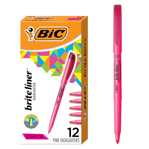 BIC Brite Liner Highlighters, Chisel Tip, 12-Count Pink Set for Organizing - color: Pink, size: 12 Count (Pack of 1)