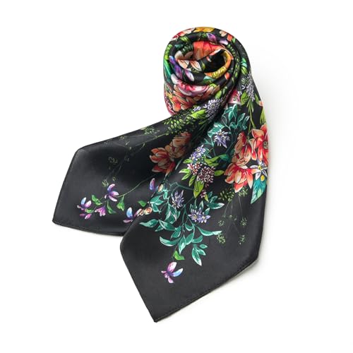 100% Mulberry Silk Scarf - 25.6" Square Neckerchief & Headscarf Gift Packed - color: Black-garden