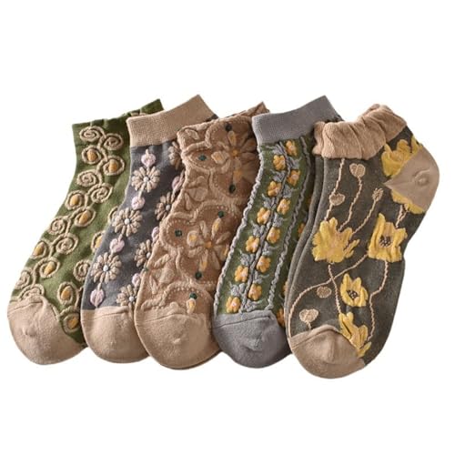 Women's Floral Vintage Palace Style 3D Stereo Flower Casual Ankle Socks 5 Pairs (FLORAL-2)
