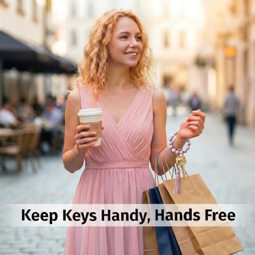 BIHRTC Key Ring Bracelet Car Keychain Holder Wristlet Silicone Women Beaded Bangle Chains - color: Pink and Purple