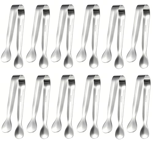 HOTEC 12Pcs Mini Silver Tongs for Serving, 4.3" Small tongs Stainless Steel Sugar Tongs for Coffee Bar, Tea Party, Appetizers, Desserts, Buffet and Ice Bucket Food-Grade & Dishwasher Safe - color: Silver