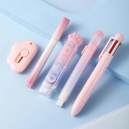 MOZXIRZ 9 Pcs Cute Pink Stationery Set Cat Paw School Supplies Kawaii Office Supplies Including Pens Pencil Sharpener Highlighter Eraser Correction Tape Ruler Utility Knife (Cat Paw-Pink) - color: Cat Paw-Pink