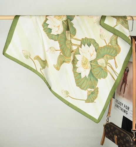 corciova Women’s Square Scarf 27.5 in (70 x 70 cm), Satin-Feel Polyester, Lightweight Fashion Scarf for Hair, Neck and Bag - color: Lotus Floral (Green and Ivory)