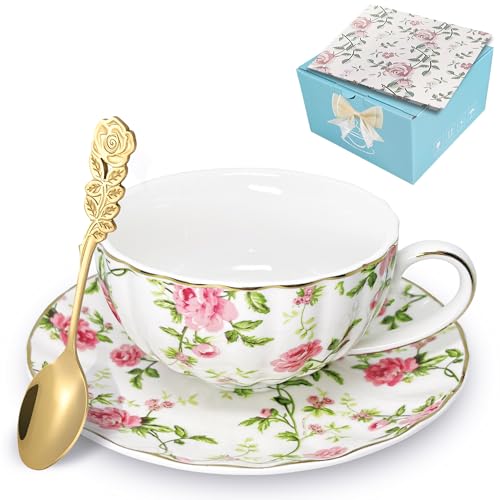 Tea Cups and Saucers, 6.7 OZ Floral Bone China Coffee Cup Set with Spoon, Vintage Garden Teacups with Gold Trim, Tea Cups in a Reusable Handmade Gift Box with Ribbon (Garden Rose) - color: Garden Rose