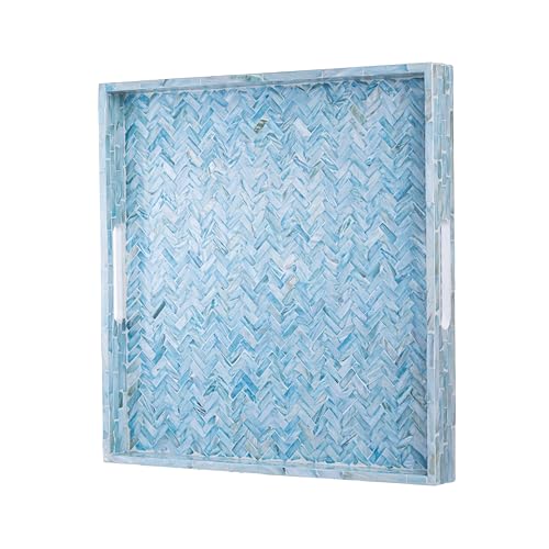 PEMAR Mother of Pearl Square Decorative Tray 20 x 20 Inch - Handcrafted Ocean Blue Herringbone Shell Inlay Ottoman Tray with Built-in Handles, Large Oversized Coffee Table Centerpiece Tray - color: Light Teal Herringbone
