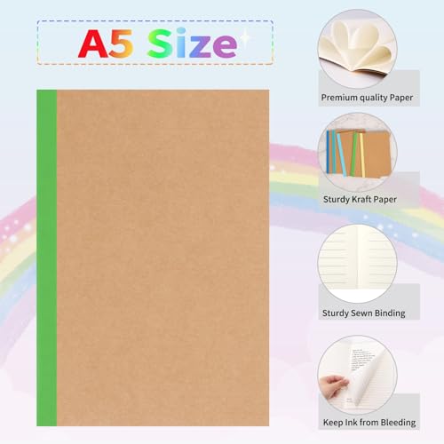 EOOUT Notebooks for Kids 5 Pack A5 Composition Notebook, Kraft Lined Journal Bulk with Blue Spine, 5 Colors, 60 Pages for Women Girls Boys, School Office Supplies - color: Blue, style: Lined-5pack