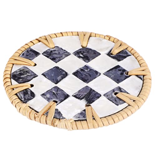 Boho Coastal Coasters Set of 6, Handwoven Rattan Coasters with Holder - style: Checkered Pattern