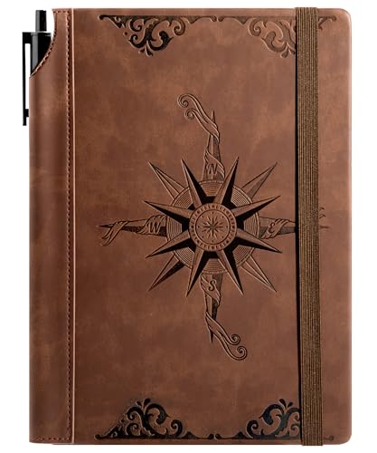 CAGIE Compass Leather Journal for Men Women, A5 Lined Notebook Writing Gift - color: Brown