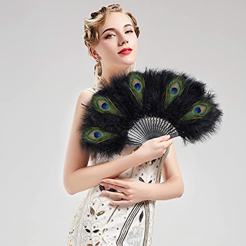 BABEYOND 1920s Marabou Feather Folding Hand Fan - color: Z-black&peacock-black Rib