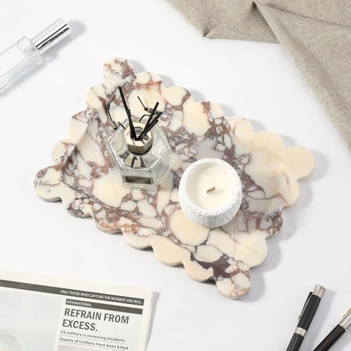 Koville Luxury Calacatta Viola Marble Tray, 11"x8" Scalloped Marble Vanity Tray for Countertop Bathroom Kitchen Dresser, Natural Stone Tray for Jewelry Perfume Home Decor, Decorative Catchall Tray - color: Calacatta, size: 11" x 7.9" x 0.7"
