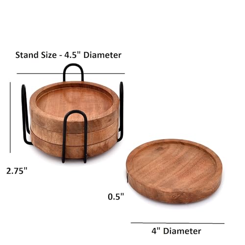 EDHAS Acacia Wood Round Coasters Set of 4 with Iron Holder for Drinks, Tabletop Protection for Any Table Type for Bar Kitchen Home Apartment (4 x 4 x 0.5)
