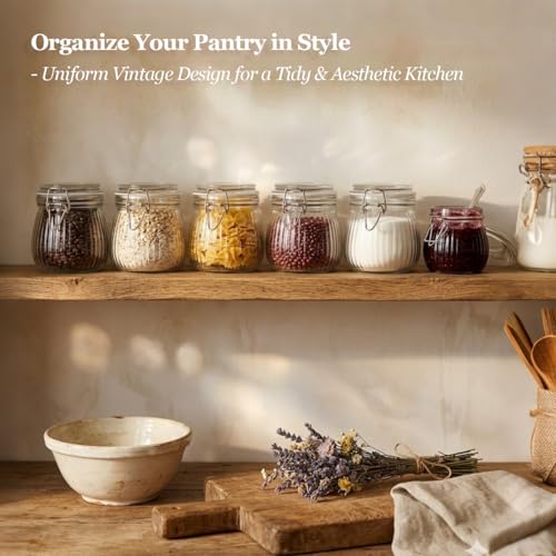 ComSaf Small Ribbed Glass Jars with Airtight Lids 17 oz 6 Pack Wide Mouth - size: 17 fl oz x 6 - Ribbed