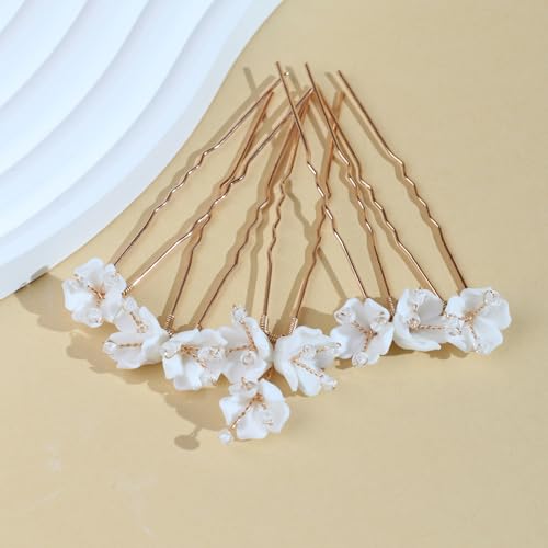 Handmade Pearl Bridal Wedding Hair Pins 6Pcs White Ceramic Flowers Gold Leaf Pearls Clips Wedding Hair Accessories for Women Brides Bridesmaid (Set-D-Gold) - color: Set-D-Gold
