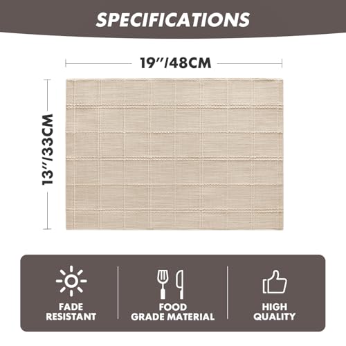 ZeeMart Linen Checked Farmhouse Placemats Set of 6, Neutral Beige 13x19in - color: Beige, size: Set of 6