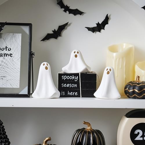 AOMOONOA Ceramic Ghost Decor, 3Pcs Light Up Ghosts for Halloween Decor - color: Haunted White