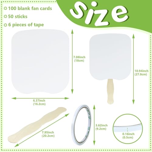 156 PCS DIY Blank Hand Fans Kit, 100 Cardstock Paper Fans with 50 Wavy Wooden Handles & 6 Rolls of Double-Sided Tape for Church, Wedding, Party, Custom Decoration & Craft Projects