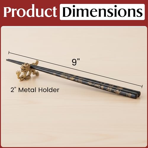 Dragon Chinese Chopsticks – Set of 2 Black & Red Wooden Chopsticks Reusable with Golden Engraved Design, Metal Chopstick Holders – Comfortable Grip Chopsticks for Sushi, Rice, Noodles