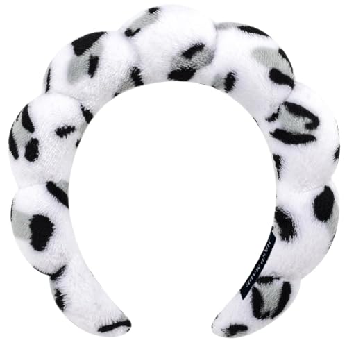 AOENJIE Spa Headbands for Washing Face or Makeup, Sponge Bubble Skincare Headbands, Puffy Terry Cloth Hairband for Women, Skin Care Makeup Headwear Hair Accessories for Girls(Leopard White) - color: Leopard White