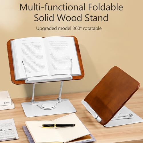 360° Rotating Book Stand for Reading, Adjustable Foldable Book Holder for Reading, Cooking, Office, Compatible with Cookbooks, Textbooks, Tablets, Sheet Music, and Laptops (White Wood Grain) - color: White Wood Grain