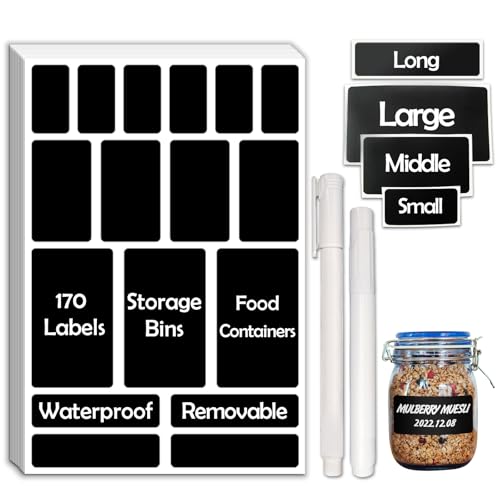 JIEHENG 170Pcs Black Removable Labels for Jars with 2 Liquid Chalk Marker - color: Black