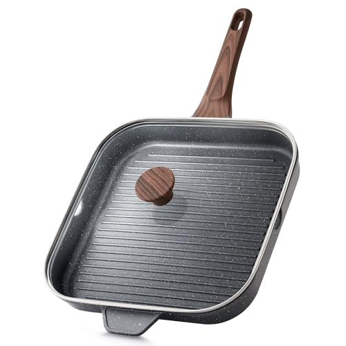 SENSARTE Nonstick Grill Pan with Lid, Grill Pan for Stove Tops, Versatile Griddle with Pour Spouts, Square Big Cooking Surface, Durable Skillet Indoor & Outdoor Grilling. PFOA Free, 12Inch - color: Gray Granite, size: 12 Inch