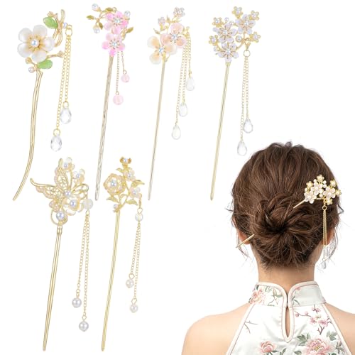 6Pcs Retro Hair Chopsticks for Women, Vintage Hair Sticks Pearl Flower for Buns Long Hairs, Chinese Hairpin for Women Girls Hanfu Asian Vintage Handmade Decor Hairpin