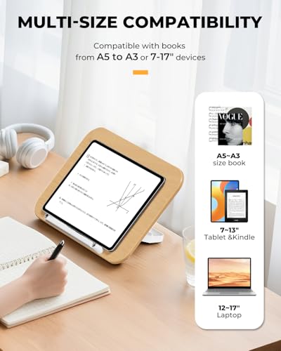 SupeDesk Adjustable Book Stand for Reading, Book Holder with 13 Height Levels, Hands-Free Desktop Book Stand with Page Clips, Foldable Book Stand for Textbooks, Cookbooks, Tablets & Study