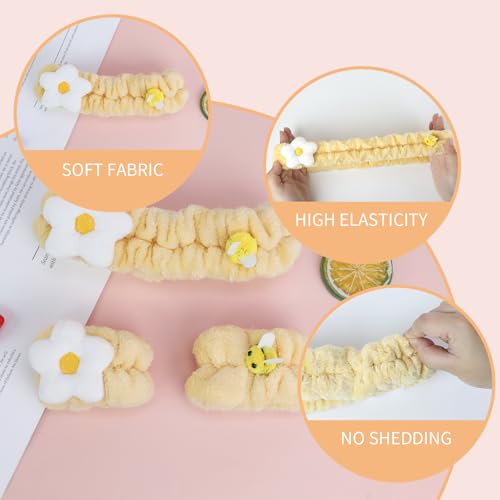 PERFECTSIGHT Kawaii Headband for Spa, Makeup, Washing Face, Party - 2 Pack Cute Hair Band for Shower Beauty Skincare, Soft Facial Headbands for Girls and Women (Yellow Flower Bee) - color: Yellow Flower Bee