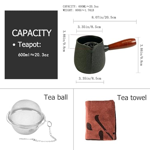 Small Cast Iron Teapot, Japanese Style Tea Kettle without Lid, 20.3oz Tea Pot with Stainless Steel Tea Ball for Loose Tea, Wooden Side-handle Tea Set for Stovetop Safe(600ml) - color: 20.3oz Dots Pattern