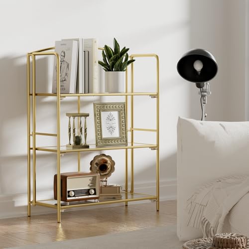 Crofy 3-Tier Wider Foldable Bookshelf, Gold Frame & Transparent Shelves - color: Gold Frame & Transparent Shelf, size: 3 Tier Wider