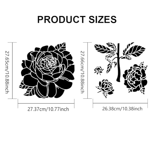 MAYJOYDIY 2pcs Peony Stencil 11.8×11.8inch Large Peony Flower Stencils for Painting Splicing Style with Paint Brush Spring Floral Peony Drawing Template for Wood Walls Canvas Furniture Art Crafts - color: Peony