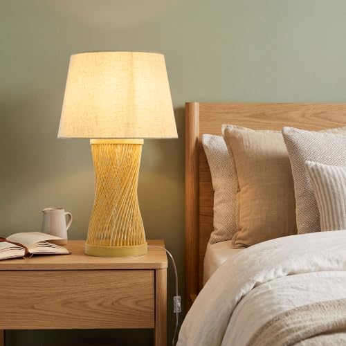 Boho Table Lamp, 17" Bamboo Bedside Lamp for Living Room