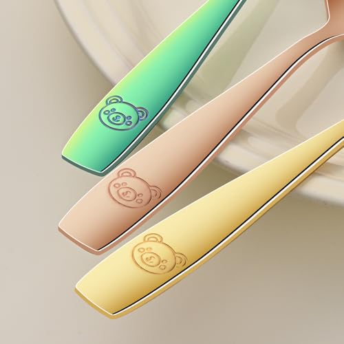 DEHOV Colorful Toddler Eating Utensils Set,Set Of 12 Food Grade Stainless Steel Silverware Sets For Kids,Dishwasher Safe Children Small Metal Spoons And Forks Flatware Sets - color: Colorful